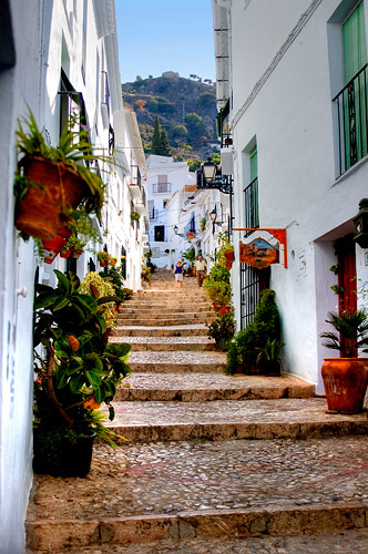 One of the icons of Frigiliana - Zacatin street. The famous Zacatin street as seen from the bottom looking up.